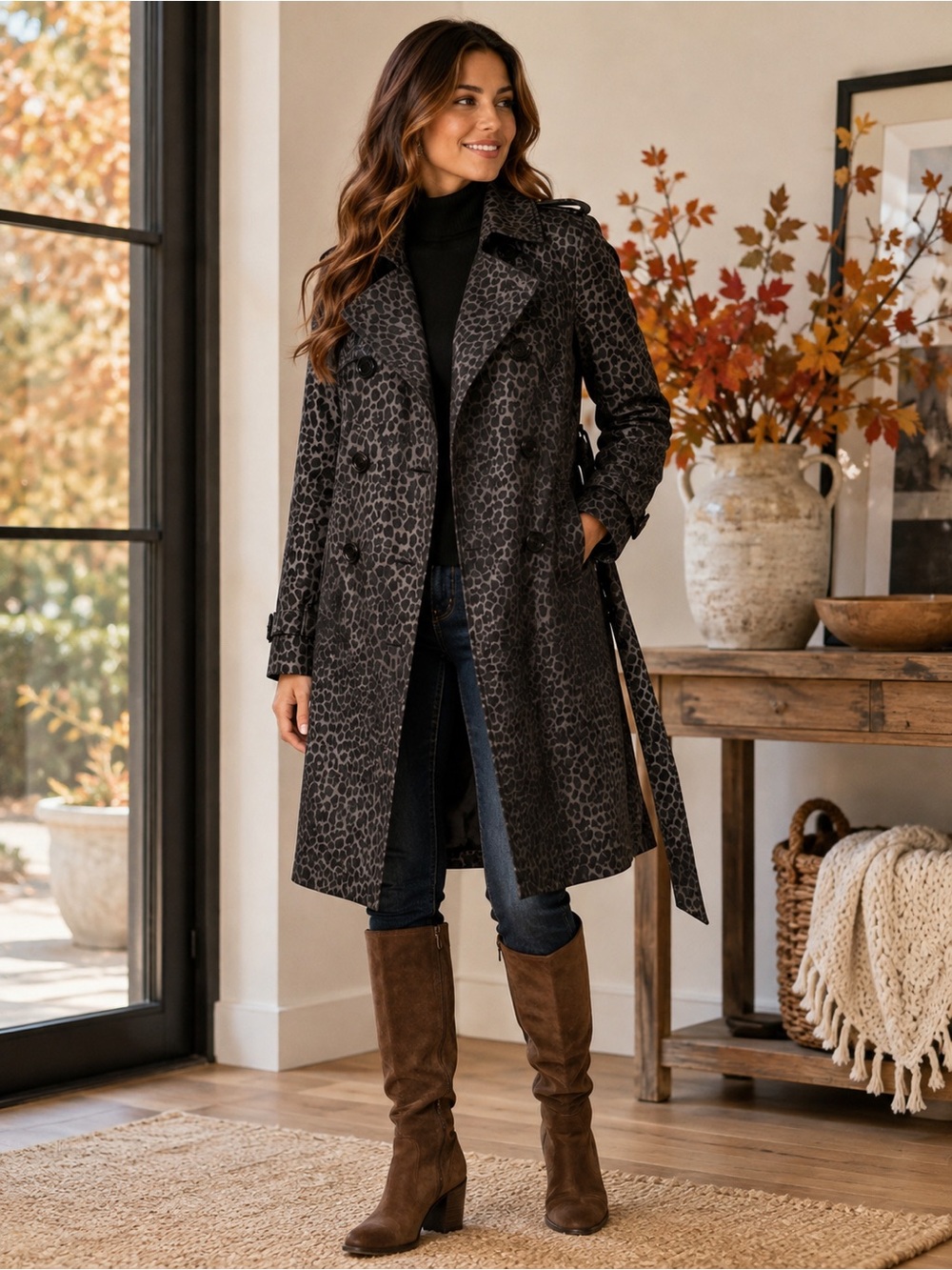 Calvin Klein XS Leopard Print Belted Trench Cost Gray Animal Print